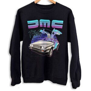 DeLorean DMC Retro 80s Vaporwave Sunset Graphic Black Crewneck Sweatshirt | M